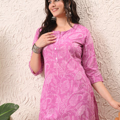 Pink White Keri Straight kurta pant set with Sleeves
