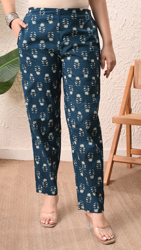 Teal Floral Straight kurta pant set with Sleeves