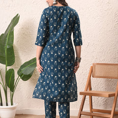 Teal Floral Straight kurta pant set with Sleeves