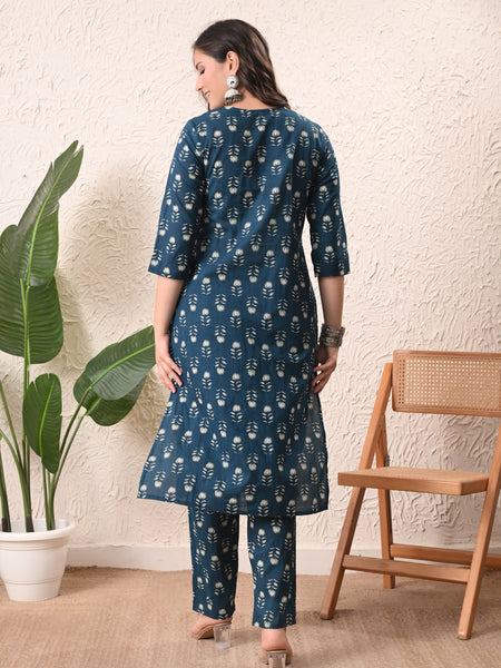 Teal Floral Straight kurta pant set with Sleeves