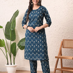 Teal Floral Straight kurta pant set with Sleeves