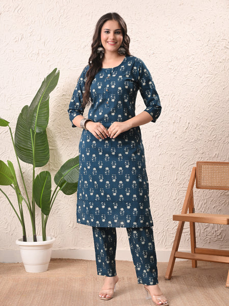 Teal Floral Straight kurta pant set with Sleeves