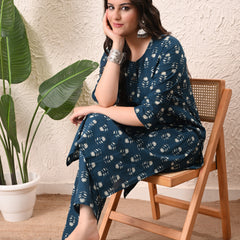 Teal Floral Straight kurta pant set with Sleeves