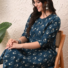 Teal Floral Straight kurta pant set with Sleeves