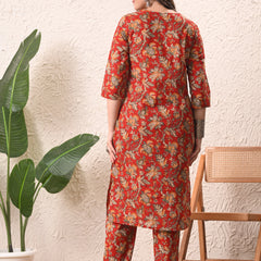 Red Jaal Straight kurta pant set with Sleeves