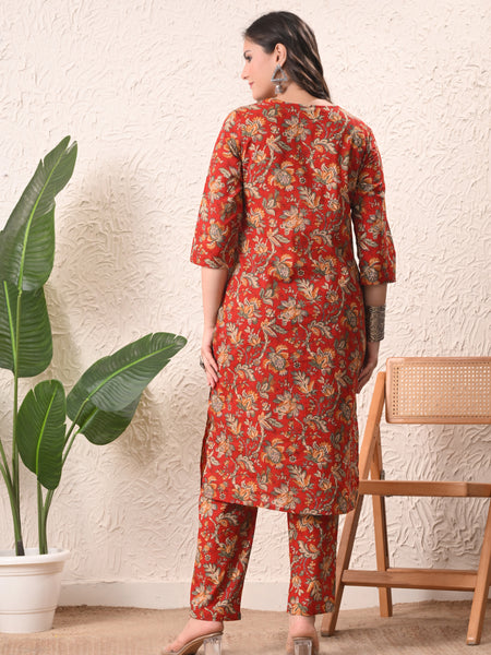 Red Jaal Straight kurta pant set with Sleeves