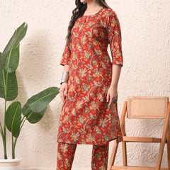 Red Jaal Straight kurta pant set with Sleeves
