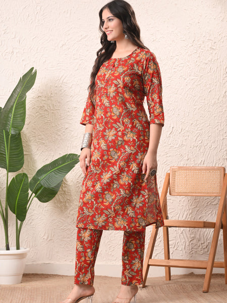 Red Jaal Straight kurta pant set with Sleeves