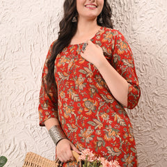 Red Jaal Straight kurta pant set with Sleeves