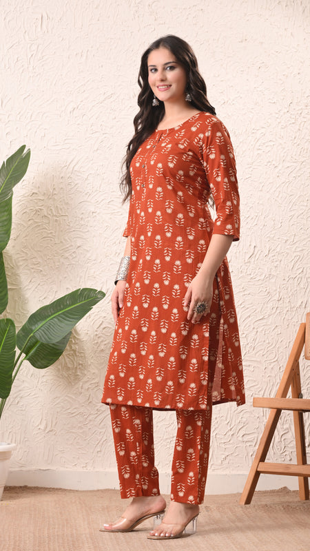 Rustic Floral Straight kurta pant set with Sleeves