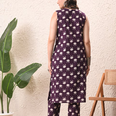 Violet Floral Straight Sleeveless kurta pant set