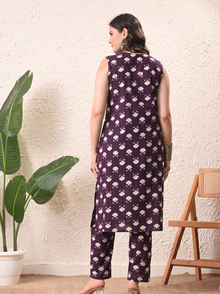 Violet Floral Straight Sleeveless kurta pant set