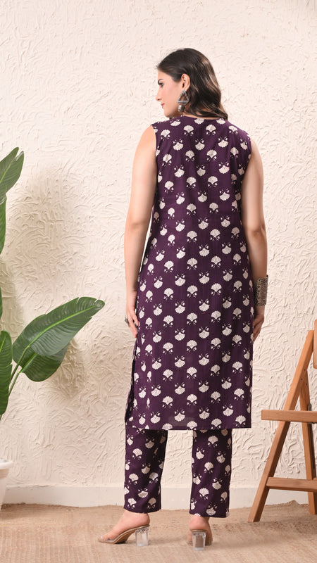 Violet Floral Straight Sleeveless kurta pant set