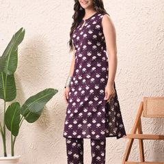 Violet Floral Straight Sleeveless kurta pant set