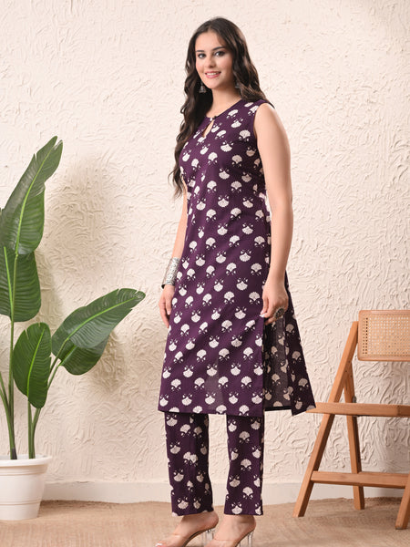 Violet Floral Straight Sleeveless kurta pant set