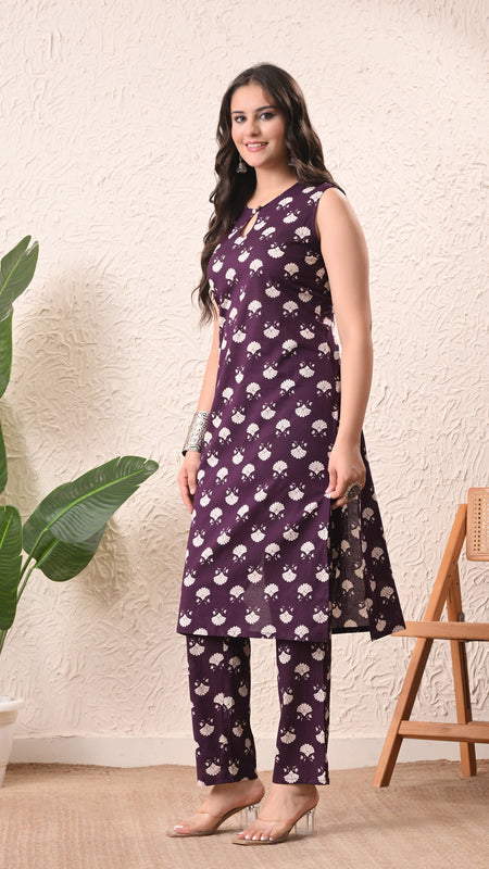 Violet Floral Straight Sleeveless kurta pant set