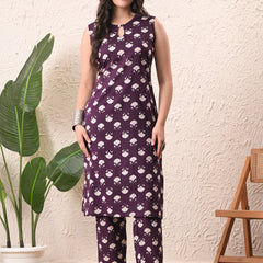 Violet Floral Straight Sleeveless kurta pant set