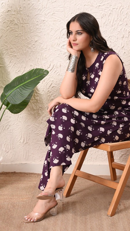 Violet Floral Straight Sleeveless kurta pant set