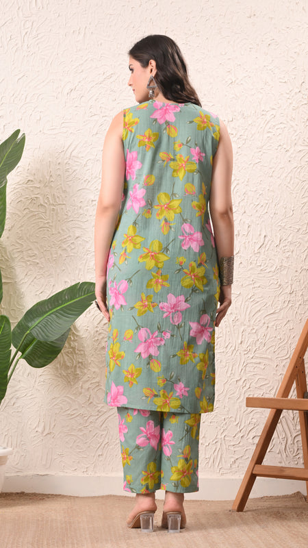 Sage Green Straight Sleeveless kurta pant set