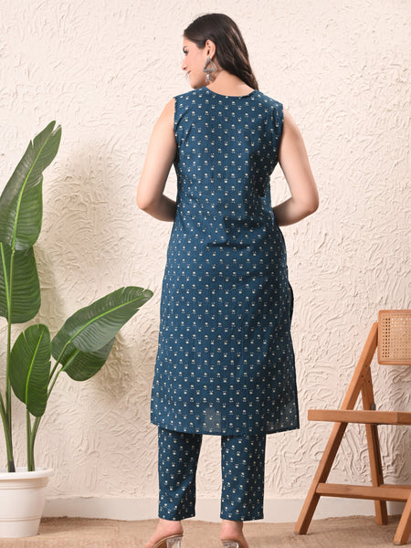 Teal Micro Straight Sleeveless kurta pant set