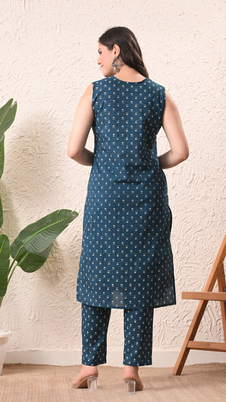 Teal Micro Straight Sleeveless kurta pant set