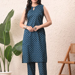 Teal Micro Straight Sleeveless kurta pant set