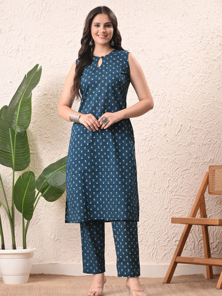 Teal Micro Straight Sleeveless kurta pant set