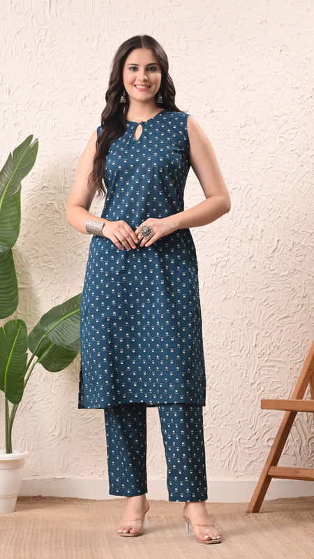 Teal Micro Straight Sleeveless kurta pant set