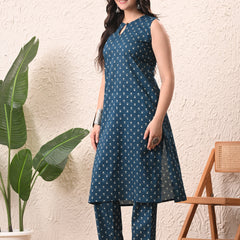 Teal Micro Straight Sleeveless kurta pant set