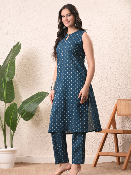 Teal Micro Straight Sleeveless kurta pant set