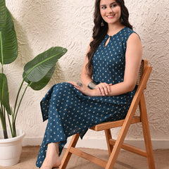 Teal Micro Straight Sleeveless kurta pant set