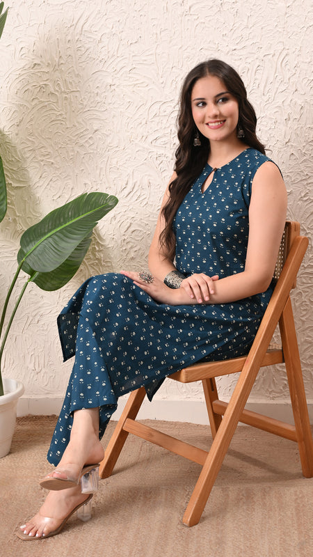 Teal Micro Straight Sleeveless kurta pant set