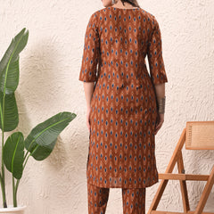 Rust Blue Ikat Straight kurta pant set with Sleeves