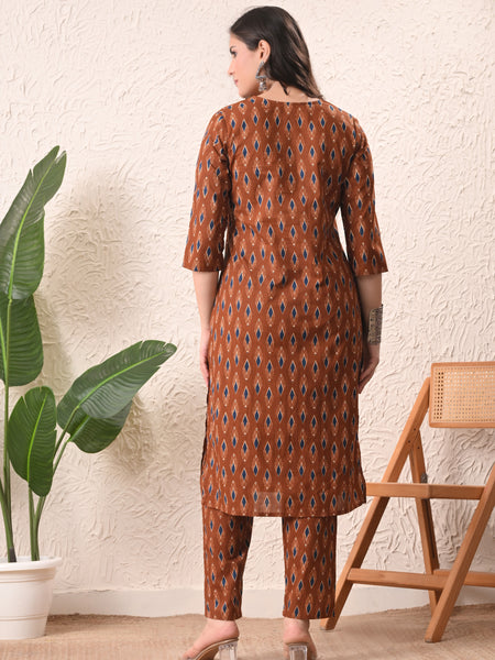 Rust Blue Ikat Straight kurta pant set with Sleeves