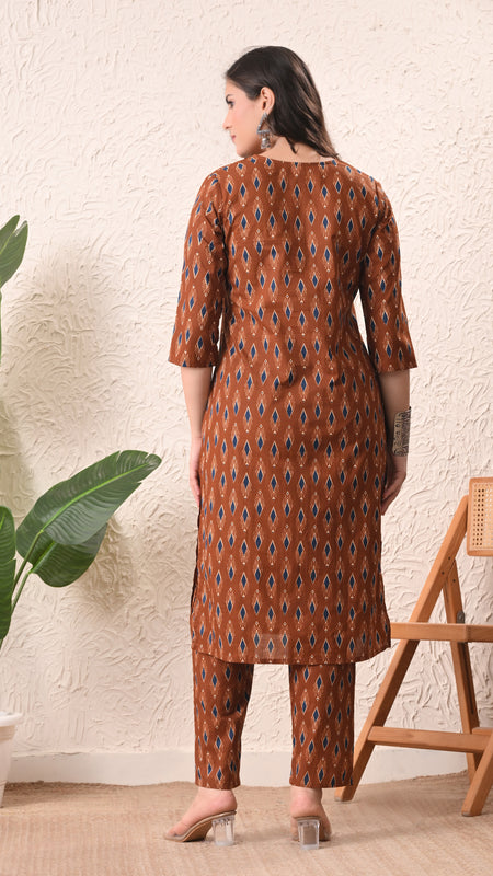 Rust Blue Ikat Straight kurta pant set with Sleeves