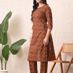 Rust Blue Ikat Straight kurta pant set with Sleeves
