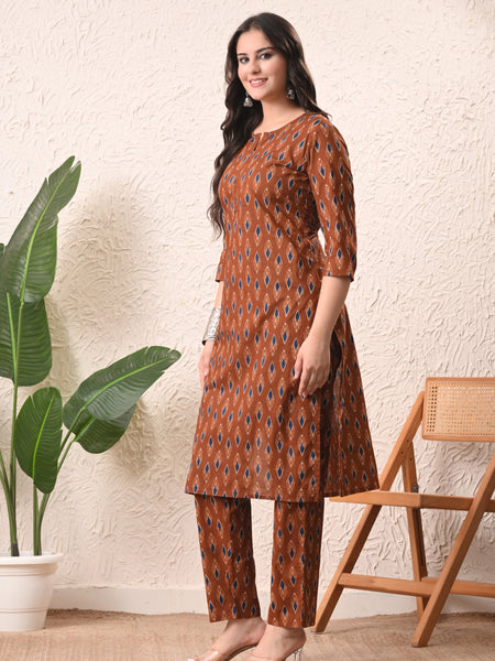 Rust Blue Ikat Straight kurta pant set with Sleeves