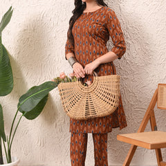Rust Blue Ikat Straight kurta pant set with Sleeves