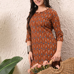 Rust Blue Ikat Straight kurta pant set with Sleeves