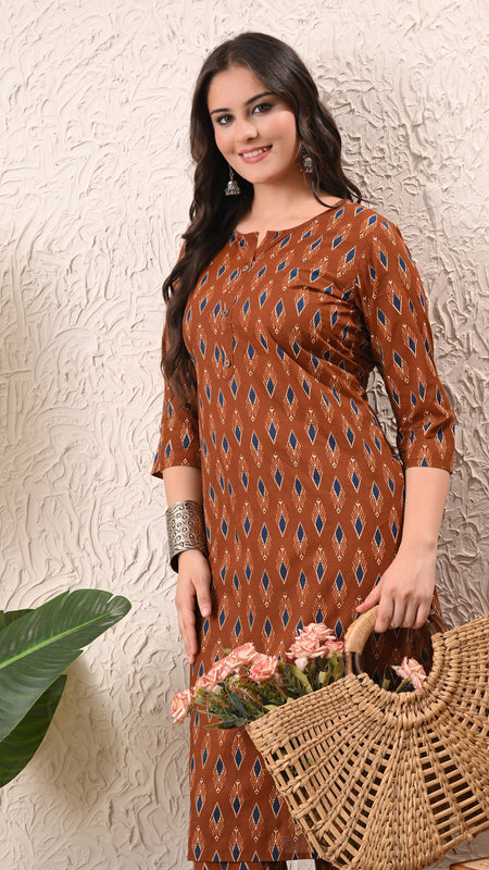 Rust Blue Ikat Straight kurta pant set with Sleeves