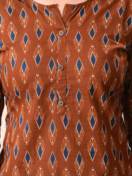 Rust Blue Ikat Straight kurta pant set with Sleeves