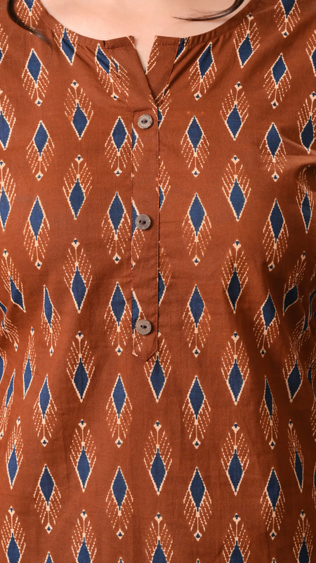 Rust Blue Ikat Straight kurta pant set with Sleeves