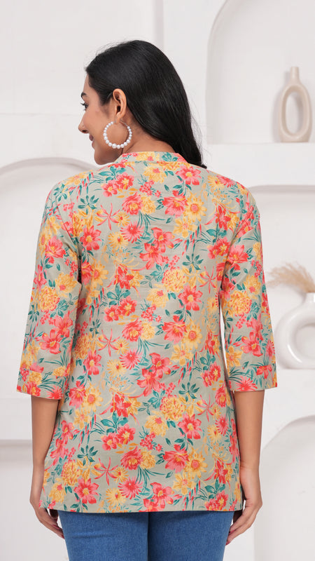 Multicolour Pure Cotton Casual A-Line 3/4Th Sleeves Top For Women