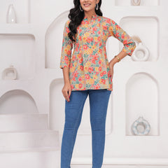Multicolour Pure Cotton Casual A-Line 3/4Th Sleeves Top For Women