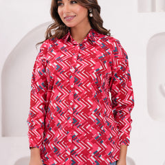 Red Pure Cotton Casual Full Sleeves Shirt For Women