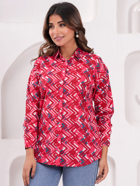 Red Pure Cotton Casual Full Sleeves Shirt For Women