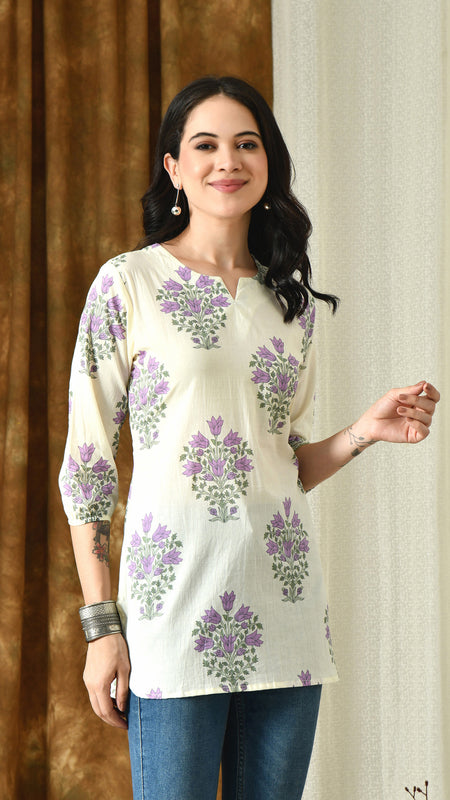 Cream Purple Hand Block Pure Cotton Casual 3/4th Sleeves Top for women