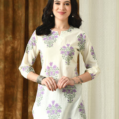 Cream Purple Hand Block Pure Cotton Casual 3/4th Sleeves Top for women