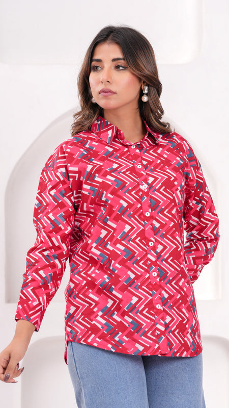 Red Pure Cotton Casual Full Sleeves Shirt For Women