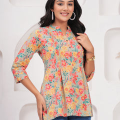 Multicolour Pure Cotton Casual A-Line 3/4Th Sleeves Top For Women